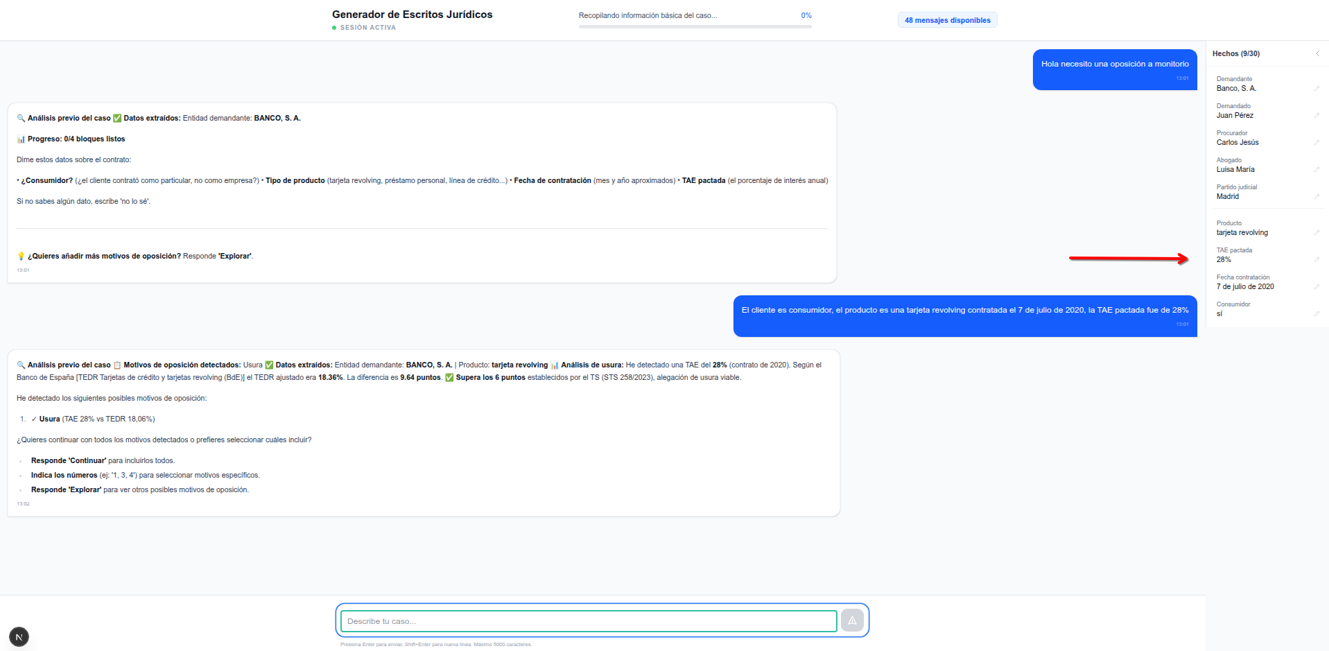 Chat guiado para introducir los datos del caso