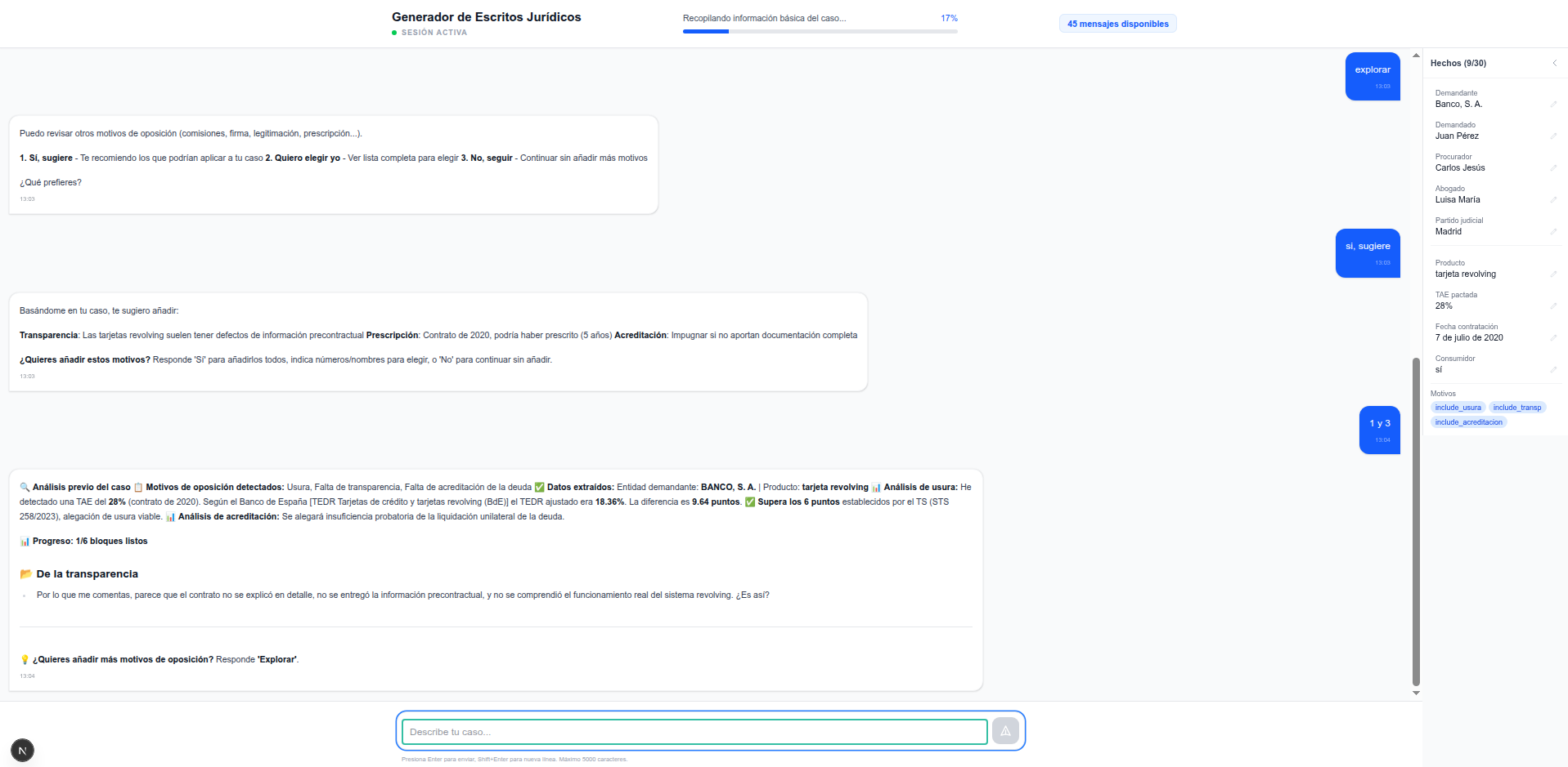Propuesta de motivos de oposición seleccionables
