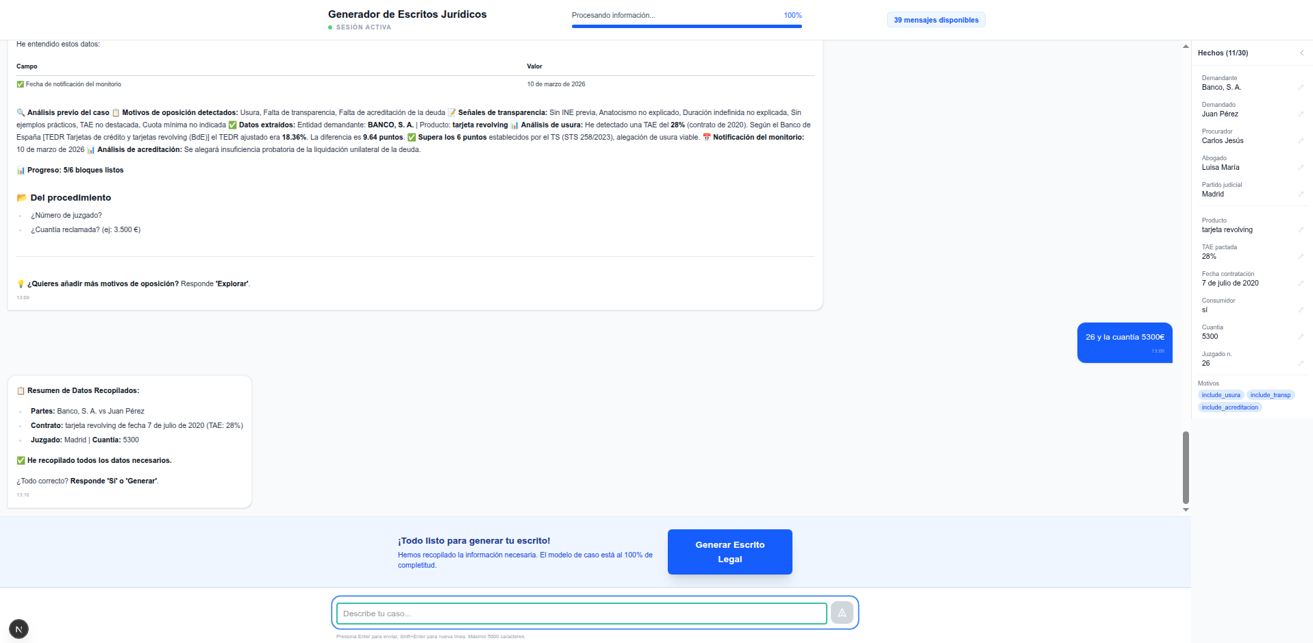 Modelo estructurado con datos del caso organizados