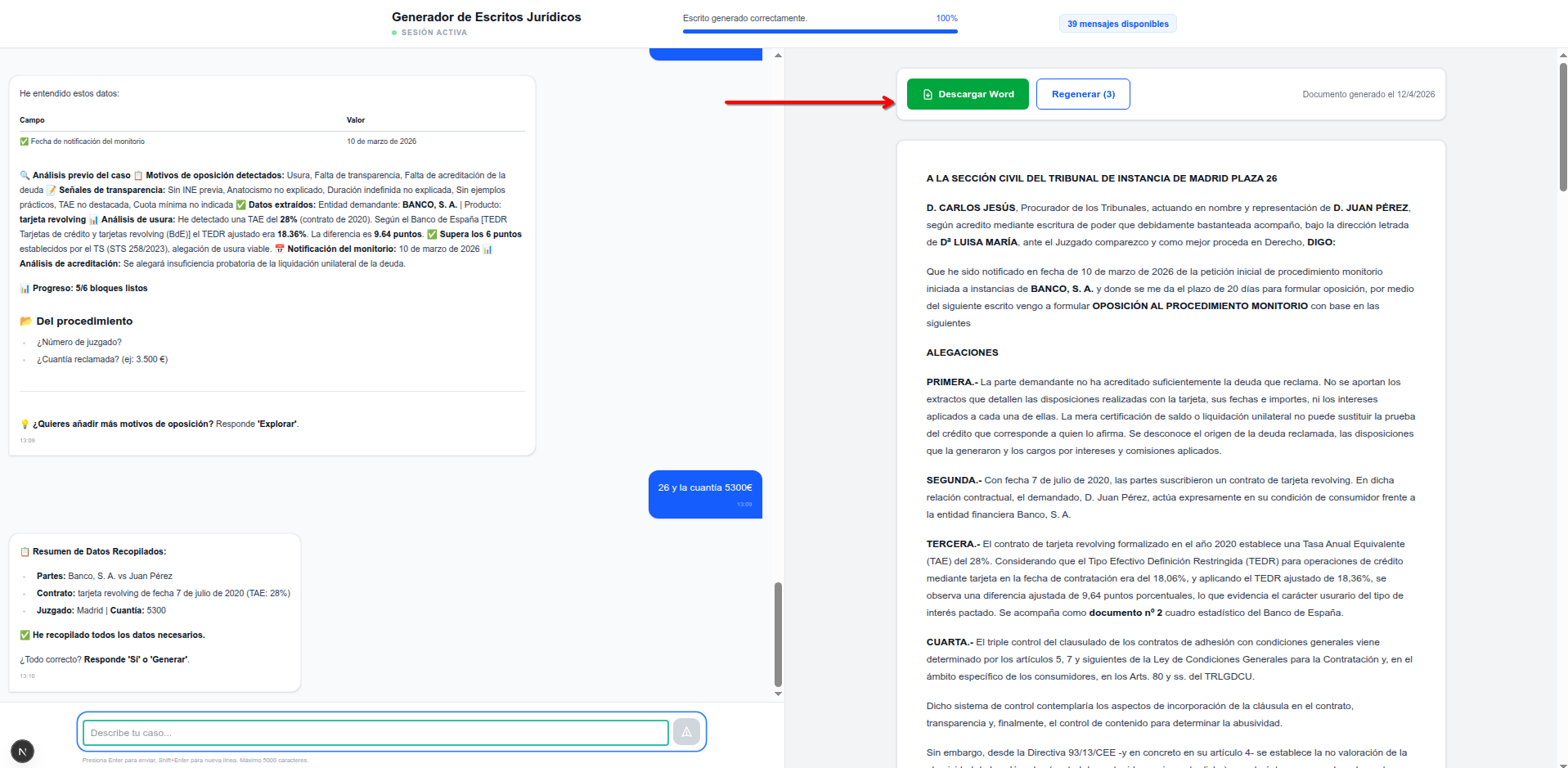 Vista general de Axioma Draft con el escrito generado