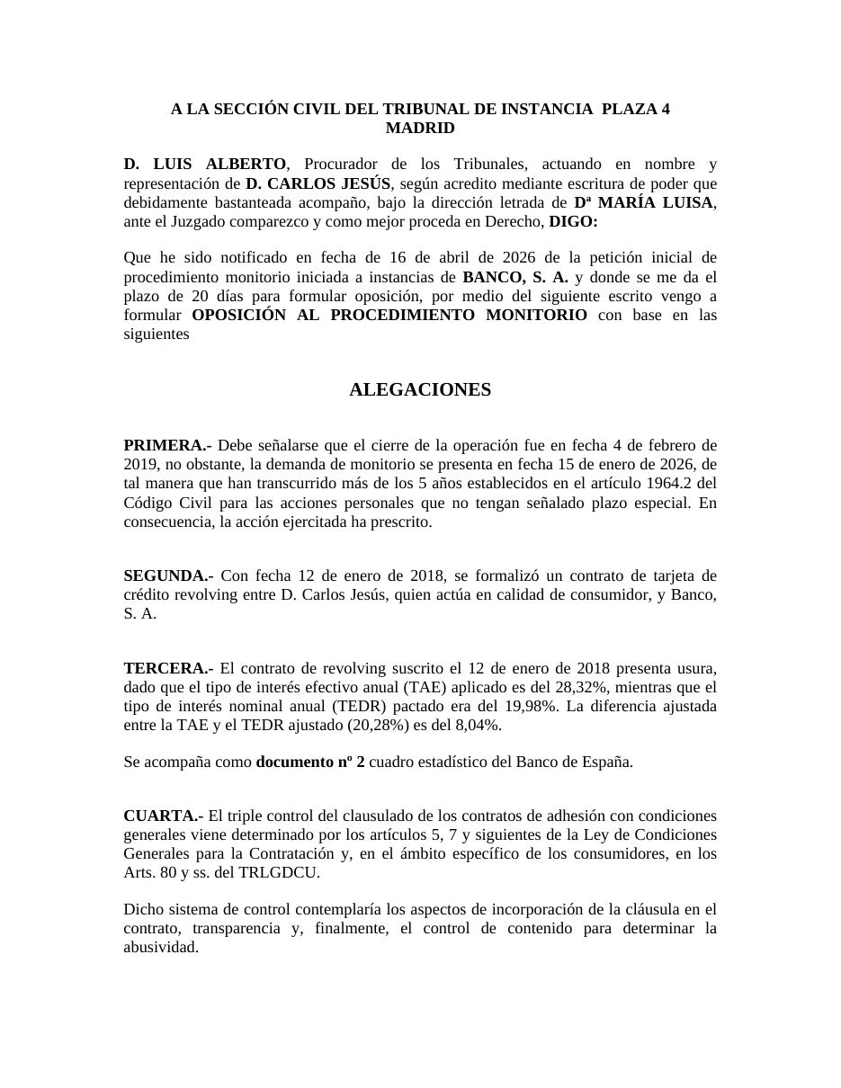 Vista previa de la primera página del escrito de oposición a monitorio bancario por contrato revolving — caso real anonimizado